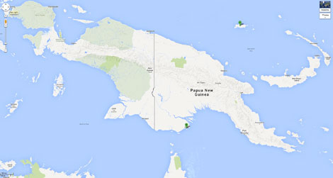 Map of PNG showing Manus Island in the north and Daru Island in the south