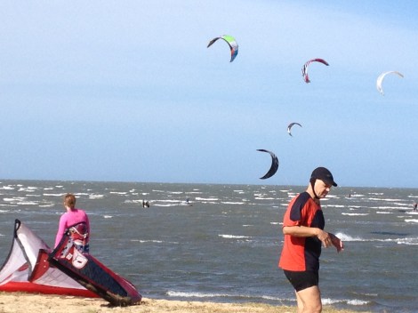 Kitesurfers prepare their gear at Brighton